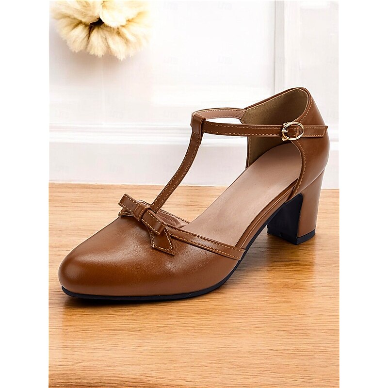 Women's Brown T-Strap Mary Jane Shoes with Bow, Mid-Heel Vintage Design, Perfect for Everyday Wear and Office