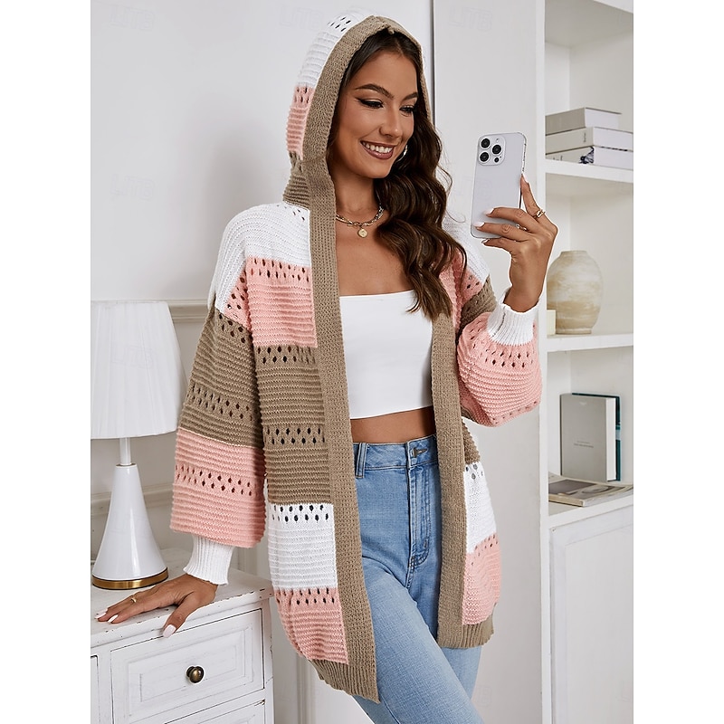 Women's Sweater Jacket Casual Sweater Casual Soft Color Block Crew Neck Hooded Lantern Sleeve Long Sleeve Regular Tops Knit Outdoor Daily Weekend Pink Fall Winter 5
