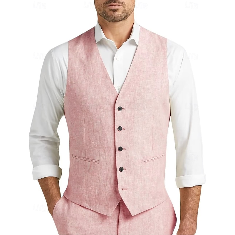 Men's Wedding Beach Linen Suits Champagne Pink Solid Colored Tailored Fit 2 Piece