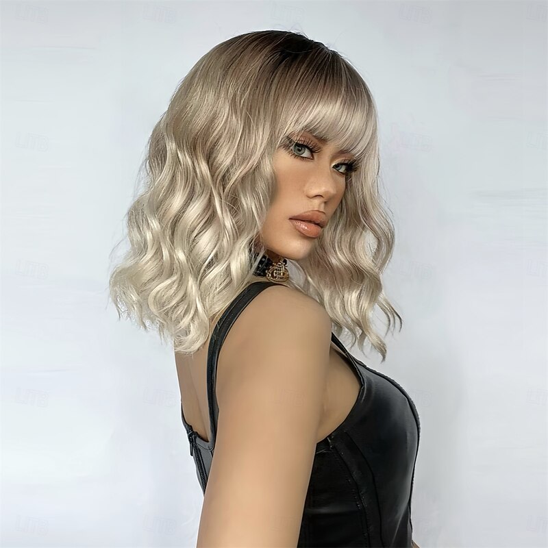 Cosplay Costume Wig Curly Bouncy Curl Bob Neat Bang With Bangs Wig 14 inch Light golden Synthetic Hair Women's Elastic Adorable Comfortable Blonde3