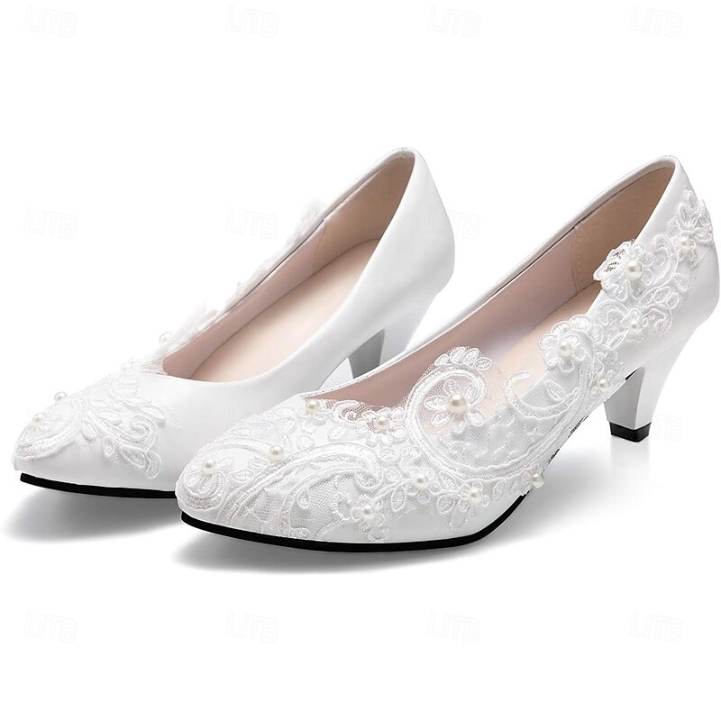 Women's Wedding Shoes White Shoes Dress Shoes Wedding Party Floral Wedding Heels Bridal Shoes Bridesmaid Shoes Imitation Pearl Lace Flower Low Heel Round Toe Cute Business Sexy PU Loafer White3