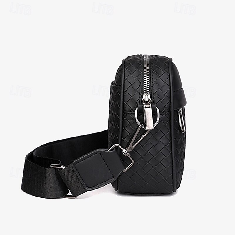 Sleek Black Woven Men's Crossbody Bag - Stylish Compact Design with Multiple Zippered Compartments, Ideal for Everyday Use and Travel4