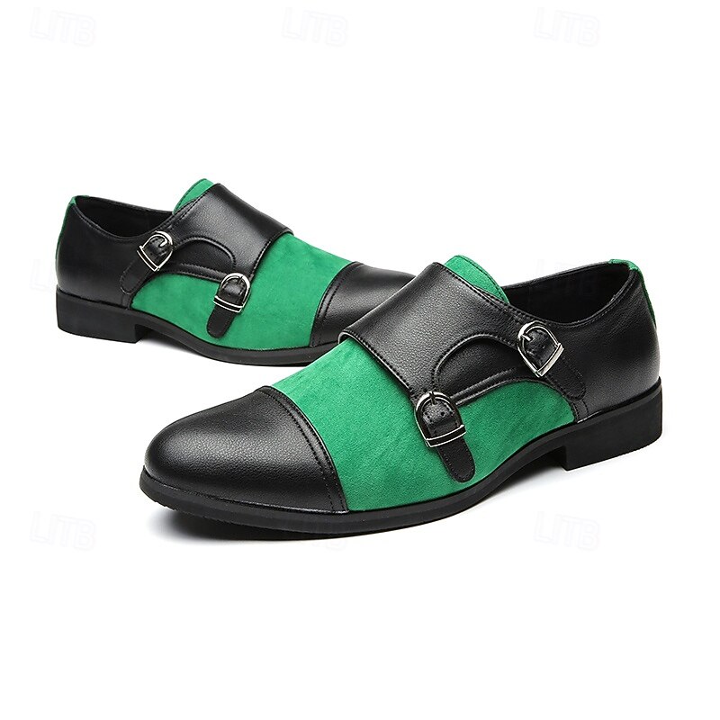 Men's Green and Black Monk Strap Dress Shoes with Double Buckles - Stylish Suede and Faux Leather Formal Footwear4