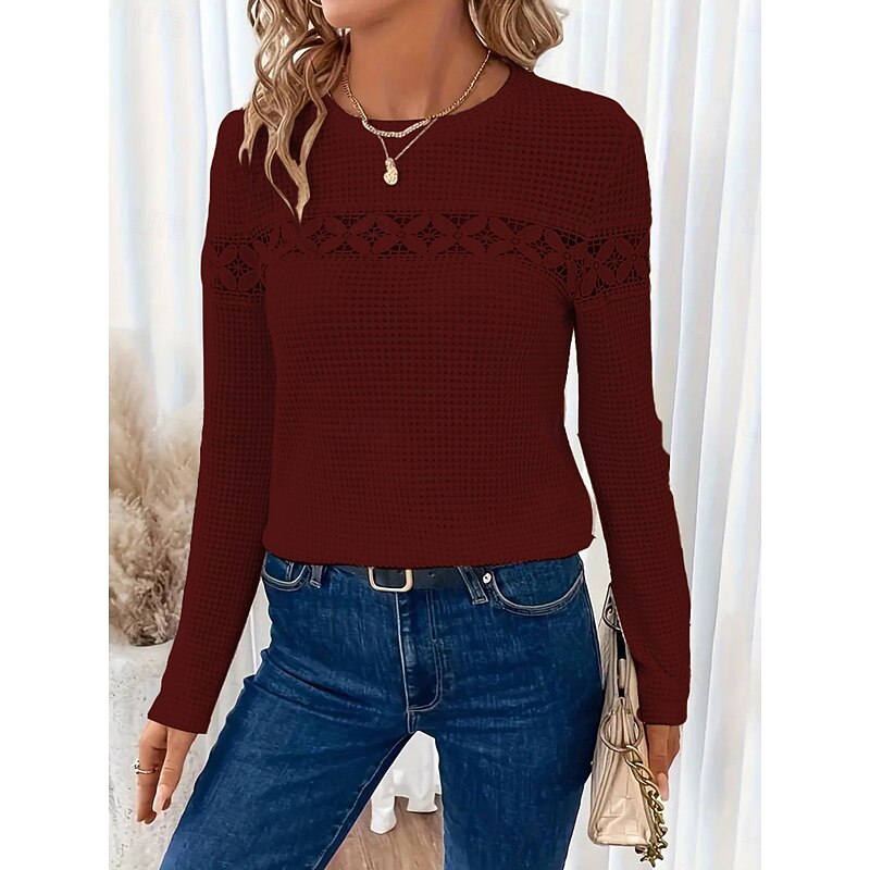 Women's White Elegant Lace Tops Eyelet Blouse Casual Long Sleeve Regular Tops Crew Neck Daily Romantic Petite Tops Summer Holiday Wear Black White Red Light Brown Spring Fall3