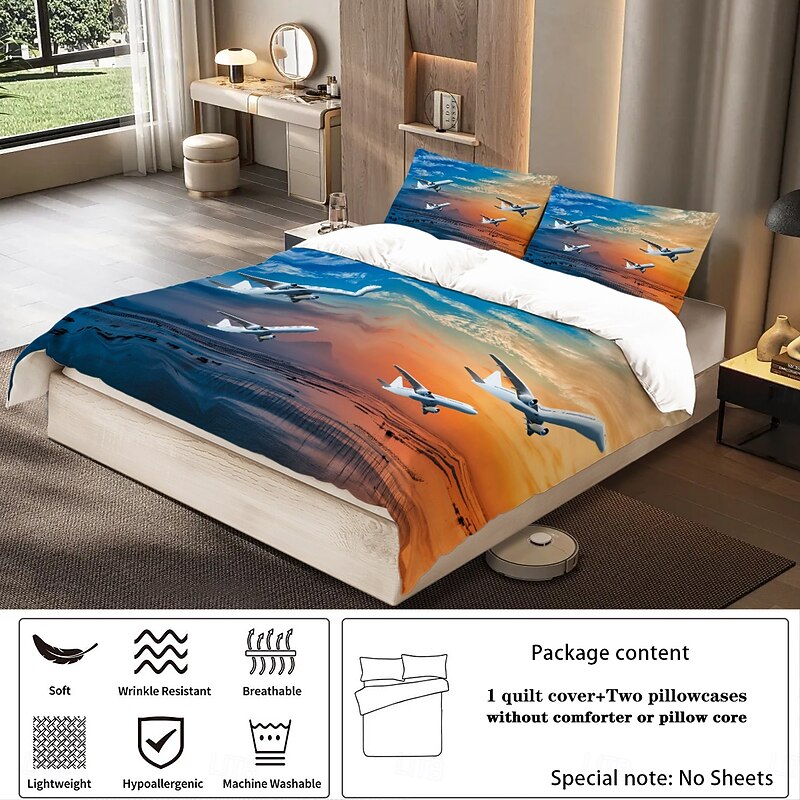Sunset Sunset Civil Aviation Aircraft Printed 3-Piece Down Quilt Set Hotel Bedroom Guest Room Luxury Bedding Comfortable Set 1 Down Quilt Set 2 Pillowcases Queen Bed Set 2 Piece Set 3 Pie4