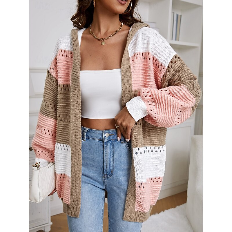 Women's Sweater Jacket Casual Sweater Casual Soft Color Block Crew Neck Hooded Lantern Sleeve Long Sleeve Regular Tops Knit Outdoor Daily Weekend Pink Fall Winter3