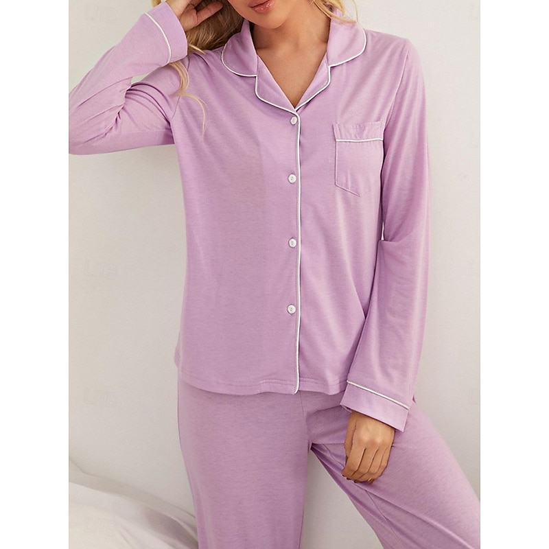 Women's Pajamas Sets Pure Color Fashion Basic Comfort Home Daily Bed Breathable Lapel Long Sleeve Shirt Pant Button Pocket Fall Winter Home Outfits2