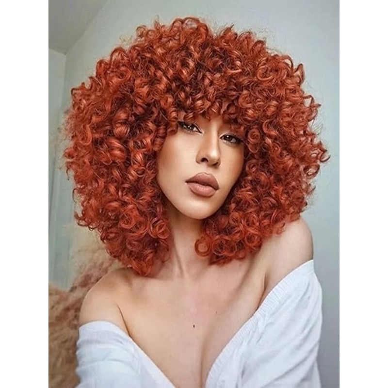 Curly Afro Wigs for Black Women Short Curly Wig with Bangs Kinky Curls Curly Hair Synthetic Wigs for African American Women