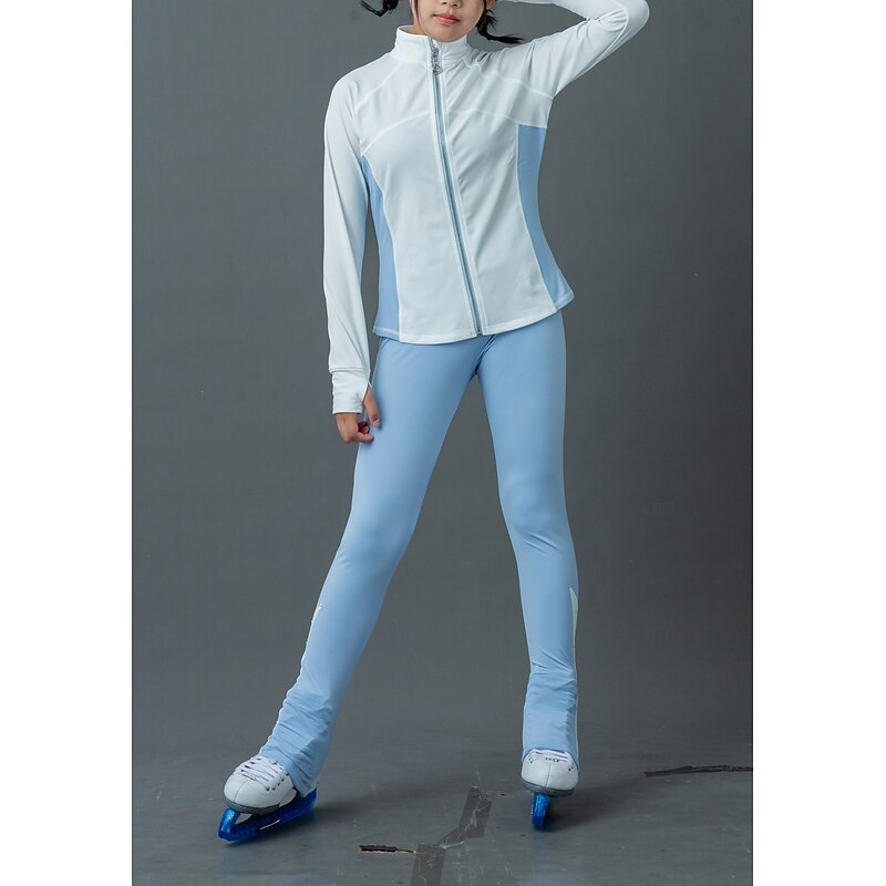 Figure Skating Fleece Jacket Figure Skating Pants Figure Skating Jacket with Pants Women's Girls' Ice Skating Jacket Tights Outfits Blue White Patchwork Thumbhole Spandex Stretchy Training Practice