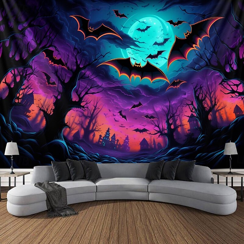 Halloween Decorations Blacklight Tapestry UV Reactive Glow in the Dark Glow Party Skeleton Cuffin Psychedelic Trippy Misty Hanging Tapestry Wall Art Mural for Living Room Bedroom2