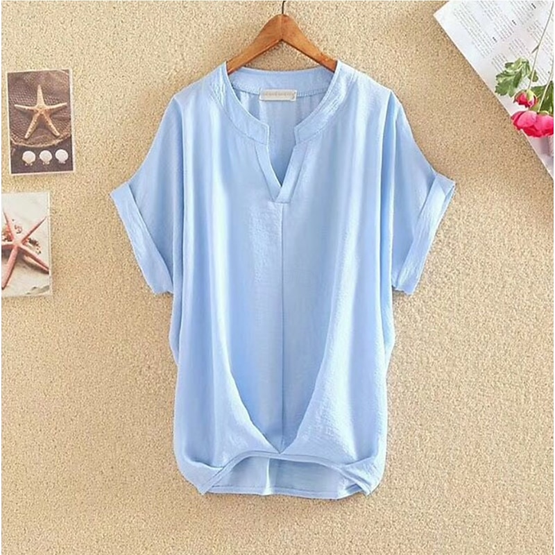 Women's Tunic Short Sleeve V Neck Navy Blue Sky Blue Summer Spring Fall2