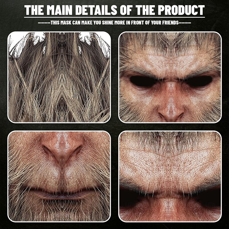 Monkey King Halloween Mask Halloween Props Black Myth: Wukong Funny Scary Costume Adults' Men's Halloween Carnival Easy Halloween Costumes Dress Up4