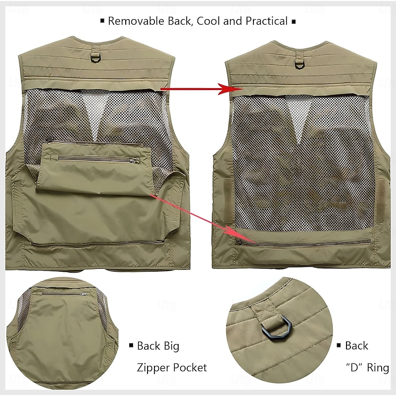 Men's Graphic Cow Vest Waistcoat Gilet Tactical Practical Removable Casual Sports Outdoor Fishing Photography Quick Dry Mesh Double Layered Fall Winter Collarless Sleeveless khaki Army Green3