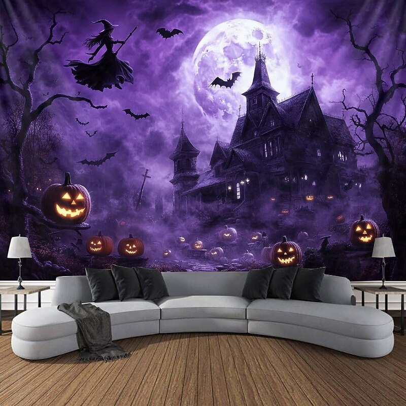 Halloween Decorations Blacklight Tapestry UV Reactive Glow in the Dark Glow Party Haunted House Psychedelic Trippy Misty Hanging Tapestry Wall Art Mural for Living Room Bedroom Witch Pumpkin2