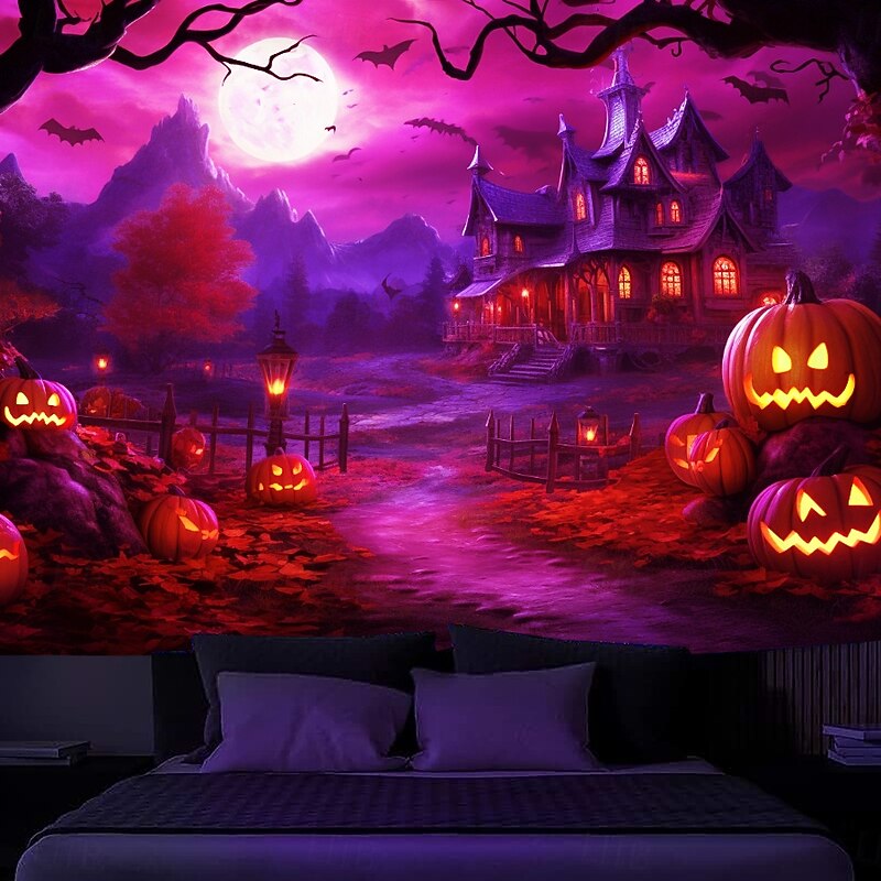 Halloween Decorations Blacklight Tapestry Glow Party Creepy Mansion Castle UV Reactive Glow in the Dark Psychedelic Trippy Misty Hanging Tapestry Wall Art Mural for Living Room Bedroom4