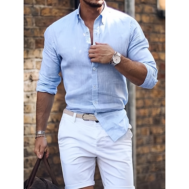 Men's Shirt Summer Shirt Casual Shirt Button Up Shirt Black White Pink Blue Green Long Sleeve Plain Lapel Vacation Daily Clothing Apparel Cotton Cotton Blend Fashion Casual Comfortable2