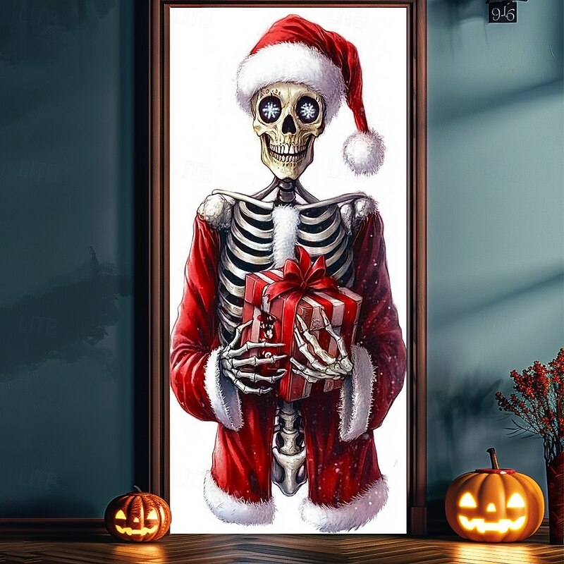 Halloween Christmas Door Decorations Halloween Door Covers Skeleton Door Tapestry Tree Door Curtain Decoration Backdrop Door Banner for Front Door Farmhouse Holiday Party Decor Supplies 9