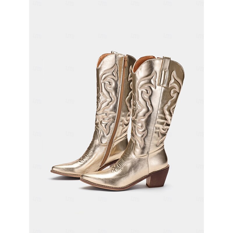 Women's Metallic Gold Western Cowboy Boots with Embroidered Details for Fashion and Casual Wear3
