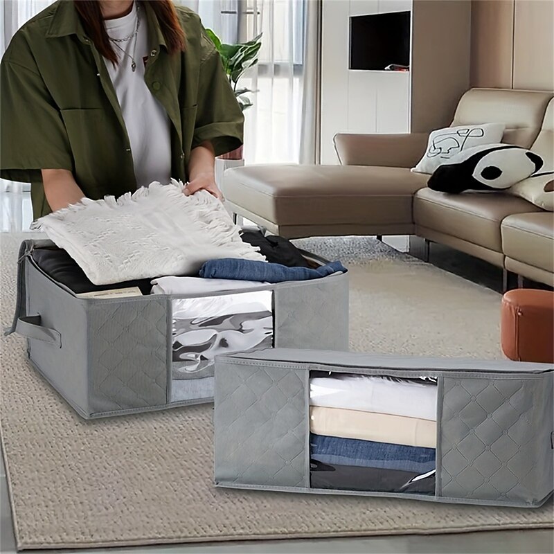 1/2/3pcs Foldable Storage Bag Set with Handles & Lids - Versatile Organizer for Clothes Bedroom Kitchen Bathroom Supplies - Durable Non-Woven Fabric TSA Approved - Gray4