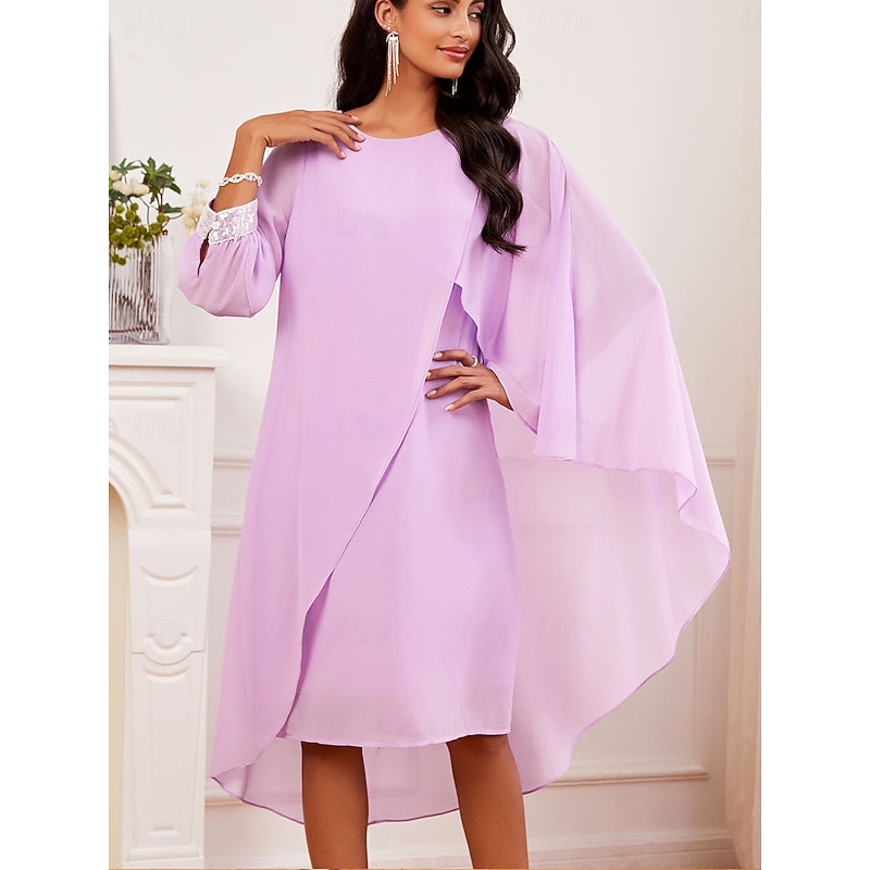 Women's Wedding Guest Cocktail Dress Chiffon Plain Ruffle Flowy Elegant Vintage Summer Midi Dress Crew Neck Flutter Sleeve3