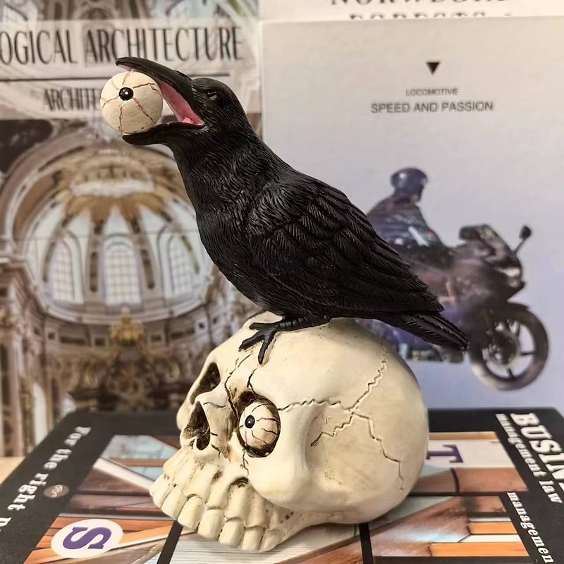 Halloween Skeleton Crow Resin Figurine - Animal Sculpture for Tabletop, Window Display, and Home Decor - Spooky Halloween Decoration