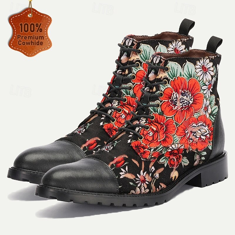 Men's Black Floral Combat Boots with Rugged Soles and Leather Toe Caps for Casual and Outdoor Wear