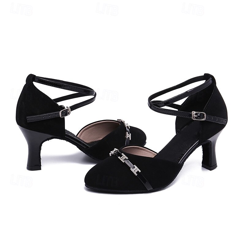 Women's Modern Dance Shoes Performance Prom Ballroom Dance Party Collections Heel Crystal / Rhinestone Cuban Heel Buckle Adults' Black2