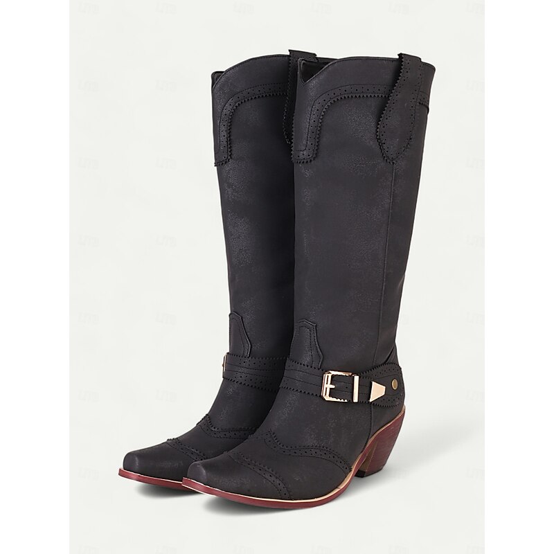 Women's Vintage Western Cowboy Boots - Distressed Metallic Finish with Decorative Buckle and Stacked Heel, Perfect for Country Style and Festivals4