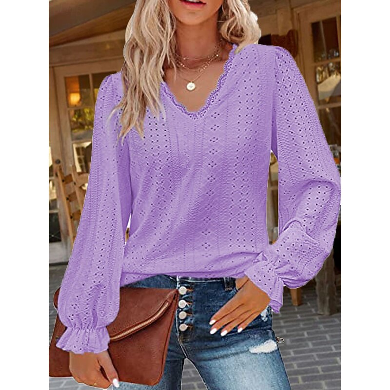 Women's White Elegant Lace Tops Eyelet Blouse Stylish Solid Color Eyelet Puff Sleeve Long Sleeve Regular Tops V Neck Daily Romantic Petite Tops Summer Holiday Wear White Pink Purple Green Spring Fall