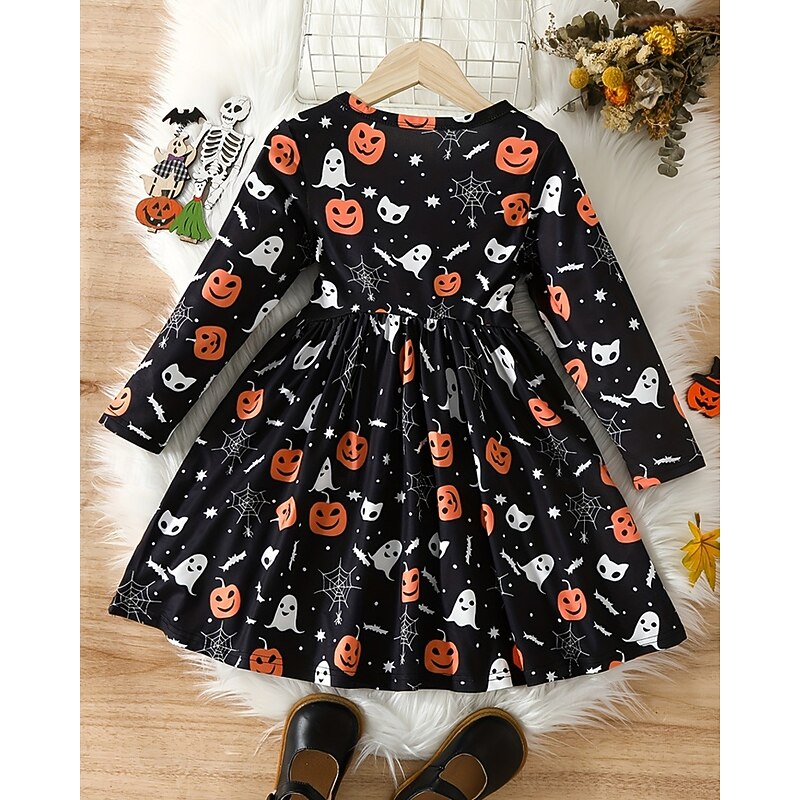 Halloween Girls' 3D Graphic Halloween pumpkin Dress Long Sleeve Spring Fall Daily Holiday Vacation Princess Beautiful Sweet Kids 4-12 Years Casual Dress A Line Dress Knee-length Polyester Regular Fit3