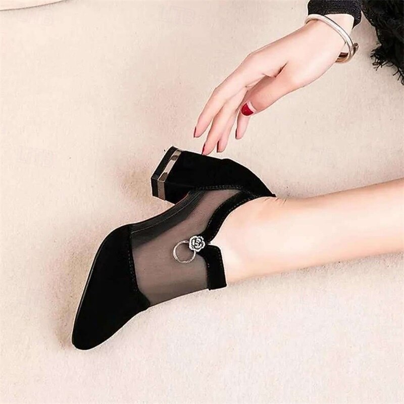 Women's Mesh Panel Chunky Heel Dress Shoes - Elegant Black Formal Pumps with Zipper and Ring Detail3