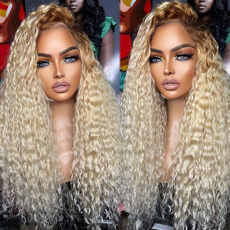 Remy Human Hair 13x4 Lace Front Wig Free Part Brazilian Hair Curly Water Wave Blonde Wig 130% 150% Density with Baby Hair Ombre Hair 100% Virgin Glueless Pre-Plucked For Women Long Human Hair Lace Wig3