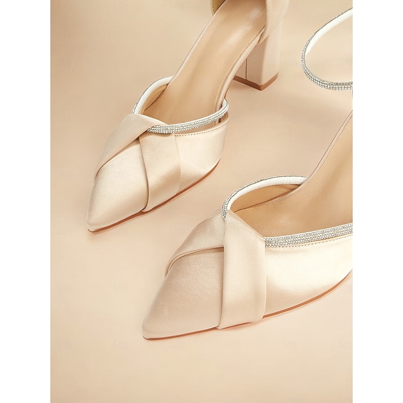 Champagne Satin Block Heel Ankle Strap Shoes with Rhinestone Detailing – Elegant Women's Wedding and Evening Heels4