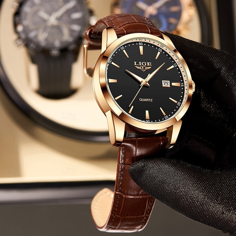 LIGE Men Quartz Watch Business Date Waterproof Leather Strap Watch4