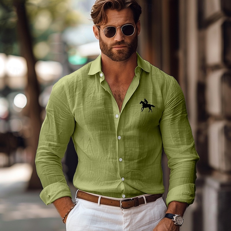 Men's Linen Shirt Horse Outdoor Vacation White Pink Green Gray Long Sleeve Lapel Spring Fall Clothing Apparel Button Up2
