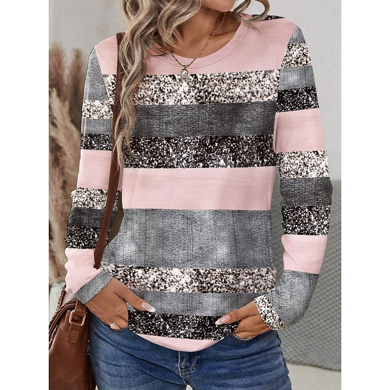 Women's T shirt Crew Neck Long Sleeve Tunic Casual Print Regular Tops Daily Pink Blue Purple Spring Fall