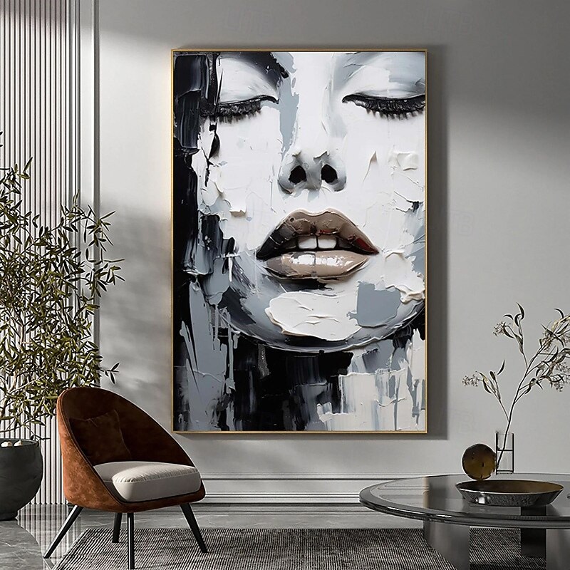 Beauty Sleeping Wall Art Abstract Face PaintingHand-painted Black and White Textured Painting Palette Knife Wall Art Home Decor Girl Face Girl's Room Home Decor Stretched Frame Ready to Hang3
