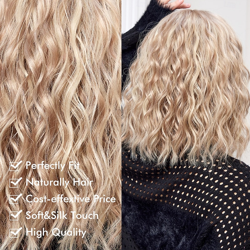 Cosplay Costume Wig Curly Bouncy Curl Bob Neat Bang With Bangs Wig 14 inch Light Brown Synthetic Hair Women's Elastic Adorable Comfortable Light Brown4