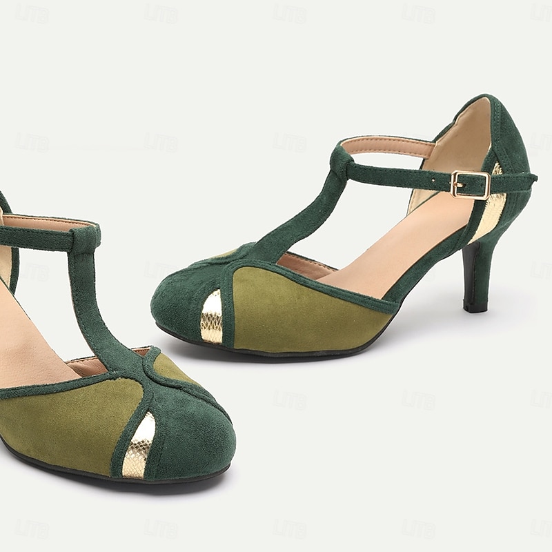 Women's Vintage Green & Gold Suede T-Strap Heels, Retro-Inspired Fashion Shoes for Special Occasions and Everyday Elegance3