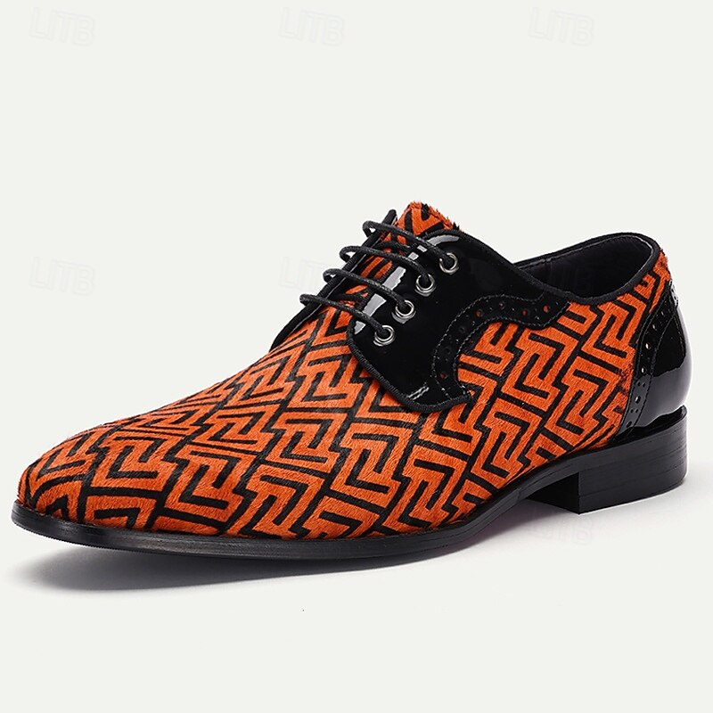 Men's Orange Geometric Pattern Pony Hair and Cowhide Leather Oxford Shoes with Patent Leather Accents, Stylish Formal Footwear for Special Occasions2