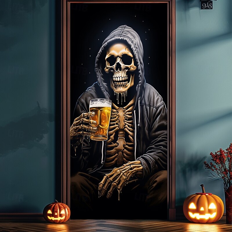 Halloween Door Decorations Door Covers Skeleton Door Tapestry Beer Drinking Door Curtain Decoration Backdrop Door Banner for Front Door Farmhouse Holiday Party Indoor Outdoor Decor Supplies