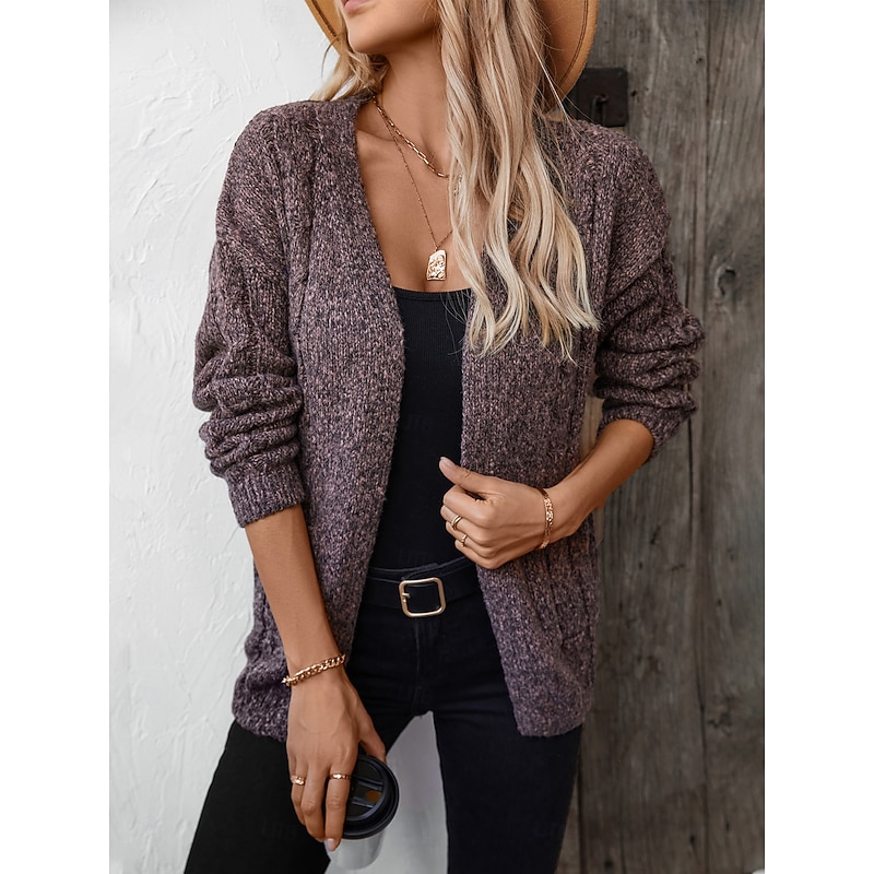 Women's Cardigan Sweater Jacket Fashion Streetwear Soft Solid Color Open Front Buttons Knitted Long Sleeve Regular Tops Knit Work Camel Purple Fall Winter
