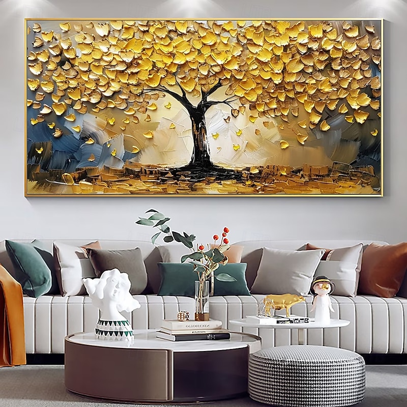 Mintura Handmade 3D Gold Tree Oil Paintings On Canvas Wall Art Decoration Modern Abstract Landscape Picture For Home Decor Rolled Frameless Unstretched Painting