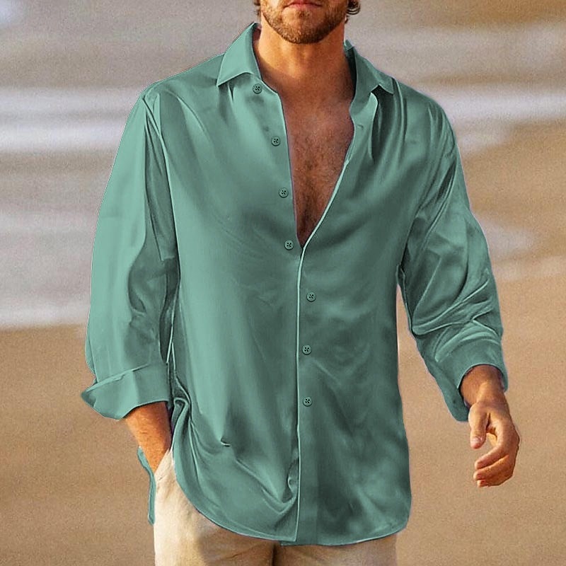 Men's Shirt Summer Shirt Beach Wear Casual Shirt Button Up Shirt Satin Silk Shirt Black Wine Blue Green Long Sleeve Plain Turndown Vacation Daily Clothing Apparel Cotton Cotton Blend Fashion Casual3