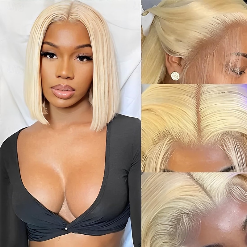 Remy Human Hair 13x4 Lace Front 4x4 Lace Front Wig Bob Short Bob Side Part Brazilian Hair Straight Blonde Wig 130% 150% 180% Density with Baby Hair Natural Hairline Glueless With Bleached Knots