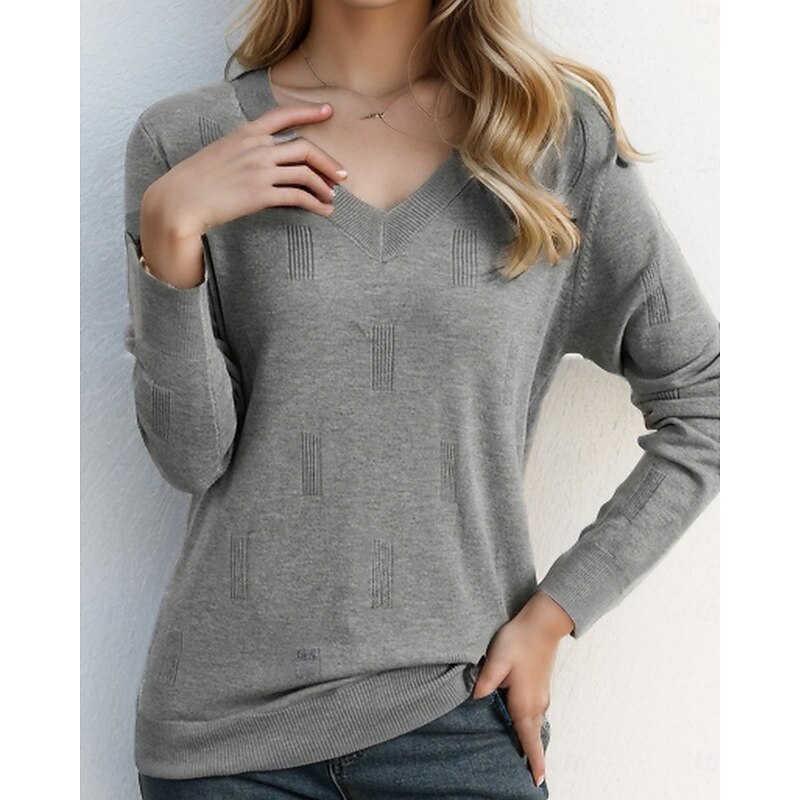 Women's Sweater Fashion Solid Color V Neck V Neck Long Sleeve Regular Tops Knit Work Gray Spring Fall2