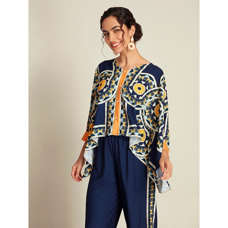 Women's Blouse Navy Blue Folk Magyar Long Sleeve V Neck Irregular Hem Casual Daily Cross Seasons4