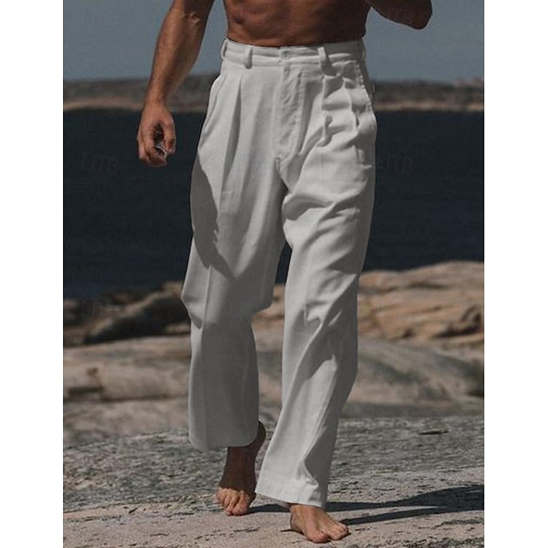Men's Dress Pants Linen Pants Trousers Summer Pants Buttons Front Pocket Straight Leg Plain Comfort Breathable Casual Daily Holiday Fashion Basic White Beige4