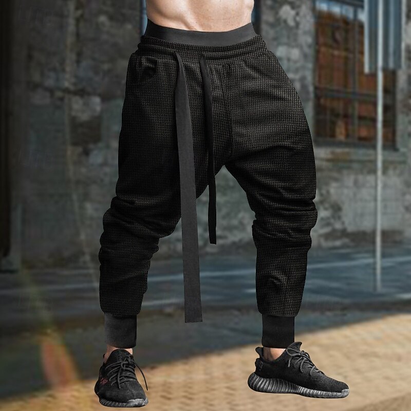 Men's Sweatpants Joggers Trousers Casual Pants Waffle Pants Drawstring Elastic Waist Plain Comfort Soft Full Length Sports Outdoor Daily Fashion Streetwear Black Blue2