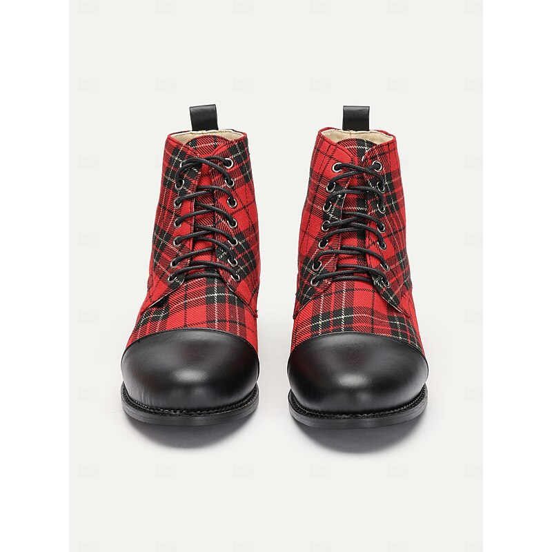 Women's Tartan Plaid Combat Boots with Black Leather Toe Cap - Stylish Lace-Up Ankle Boots for Casual Wear and Festive Occasions4